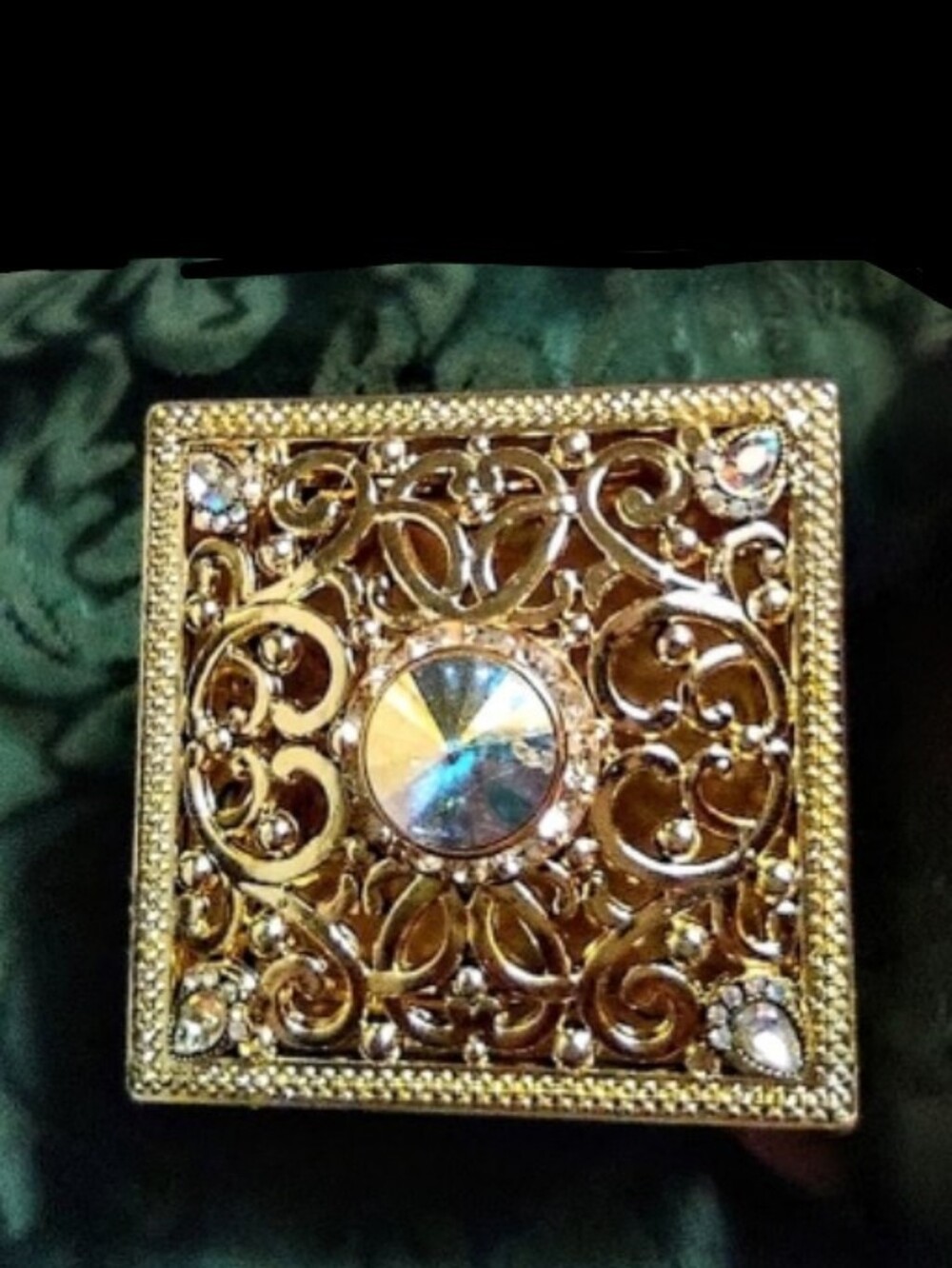 Gold Trinket Box with AB Rivoli Crystal Stone Accent